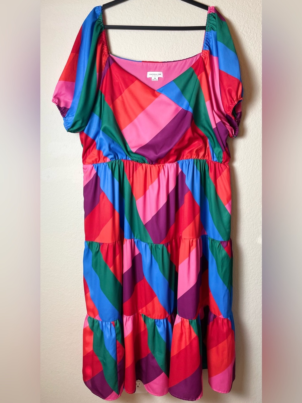 Chic Soul Geometric Maxi Dress 3X Multicolor Puff Sleeve Tiered Boho Dress
